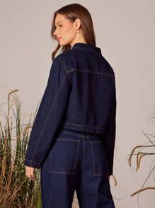 WESTFADE Collared Button Front Patch Pockets Cropped Long Sleeve Denim Jacket