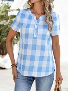 SHEIN LUNE Blusa casual de mujer con cuello con muesca a cuadros para vacaciones - Azul y blanco - Ver 6