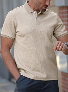Manfinity Mode 男士正面纽扣纹理短袖 Polo 衫，日常休闲穿着，适合打高尔夫 - 杏色 - 查看 3