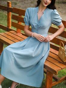 Vintamour 复古优雅女装 带口袋纽扣 休闲通勤度假连衣裙 女士夏季服装 女士度假服装 女士夏季连衣裙 女士沙滩服装 女士生日服装 女士婚礼宾客服装 女士复活节春季连衣裙 夏季服装 女士春季服装 女士复活节连衣裙 女士生日服装 春假女士太阳连衣裙 女士优雅连衣裙 - 藍色 - 查看 2