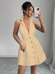 Flirla Women's Solid Color Lapel Neck Single-Breasted Sleeveless Dress