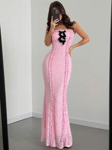 Firerie Robe moulante sirène élégante et raffinée pour femmes, style minimaliste romantique, parfaite pour la Saint-Valentin, les sorties, les fêtes, les mariages. Accentuée de dentelle, de volants et d'un nœud en velours. Couleur rose - Rose bonbon - Voir 5