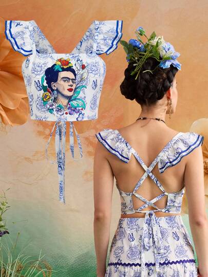 Frida Kahlo X SHEIN Women's Vacation Blue & White Flowers & Frida Portrait Print Figure Graphic Square Neck Ruffle Trim Sleeves Backless Lace Up Crop Casual Tank Top Summer Outfits For Women Tank Tops Women Spring Break Ibiza Fits