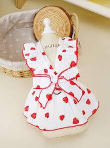 PETSIN 白色荷叶边蝴蝶结点缀草莓印花宠物连衣裙，可爱活泼，适合春夏季
