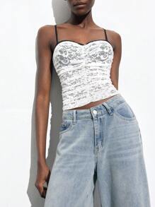 Maija Women's Elegant Sexy Contrasting Color Ruched Lace Camisole, Suitable For St. Patrick's Day, Spring Break, Easter, Music Festivals - White - View 1