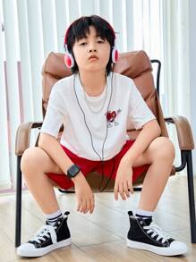 Tween Boy Summer Cute Casual Cartoon Print Round Neck Short Sleeve T-Shirt And Solid Color Shorts Set