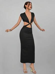 Aloruh Women's Solid Color Deep V-Neck Hollow Waist Fitted Mid-Length Dress - Black - View 1