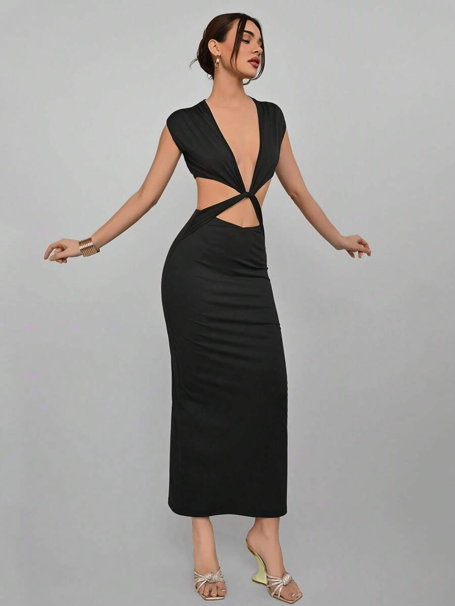 Aloruh Women's Solid Color Deep V-Neck Hollow Waist Fitted Mid-Length Dress - Black - View 1