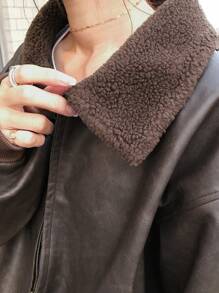 FRIFUL 女士长袖夹克，前拉链，带口袋，仿羊羔绒领拼接，秋冬季皮夹克 - 棕色 - 查看 8