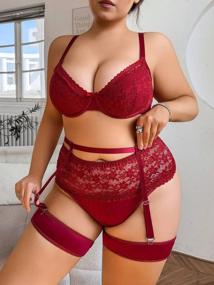 大码内衣套装 - 带钢圈、吊袜带、腿环、多件蕾丝拼布 - 酒紅色 - 查看 1