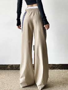 INAWLY Pantalones casuales con panel de rayas laterales de decoración digital para mujer