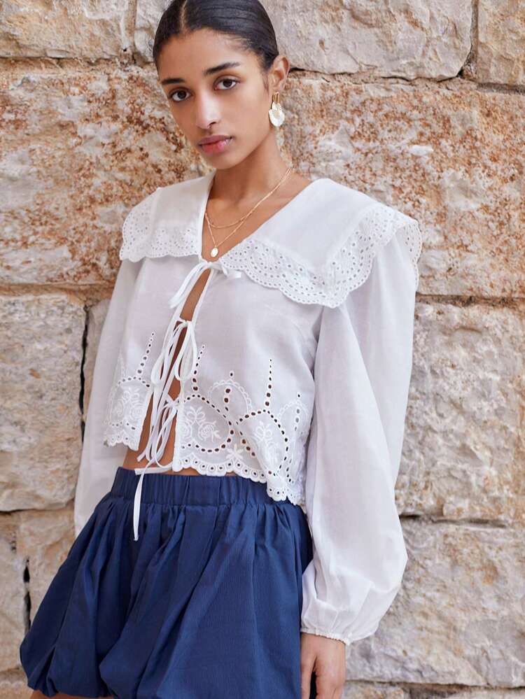 SHEIN Maija Women's White Embroidered & Laser Cut Collared Top With Ruffle Sleeve Cuffs & Hem, Tie Front, Fashion Casual Beach Vacation Bohemian Style Blouse