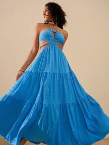 Travachic Vestido de mujer de un solo color con escote halter y espalda descubierta para vacaciones