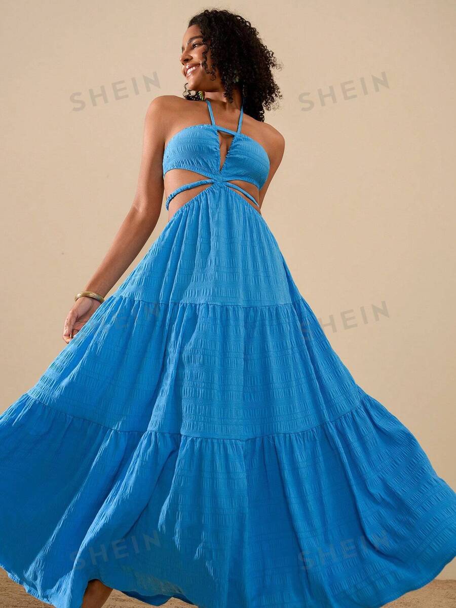 Travachic Vestido de mujer de un solo color con escote halter y espalda descubierta para vacaciones