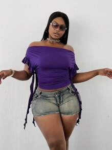 Maweii Plus Size Women Off Shoulder Patchwork Ruffle Hemline Fitted T-Shirt