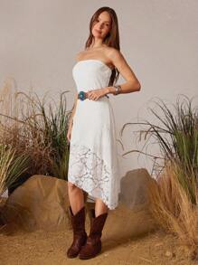 WESTFADE Vestido midi sin tirantes de verano con estampado floral de mezcla de medios mixtos, textura de punto y encaje, dobladillo asimétrico escalonado, para vacaciones de primavera en la playa - Beis - Ver 3