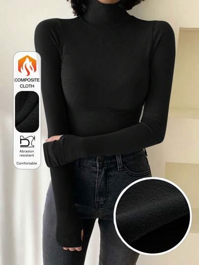 DAZY Dámské jednobarevné rolákové tričko s dlouhým rukávem, elastické fleecové tričko, podzimní/zimní preppy topy