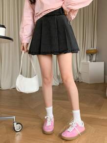 DAZY Women Solid Color Corduroy Pleated A-Line Skirt