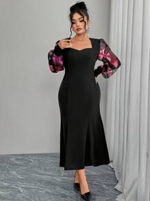 Modelyn Plus Size Woven Fabric Patchwork Waist Design Long Sleeve Dress - Black - View 3