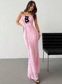 Firerie Robe moulante sirène élégante et raffinée pour femmes, style minimaliste romantique, parfaite pour la Saint-Valentin, les sorties, les fêtes, les mariages. Accentuée de dentelle, de volants et d'un nœud en velours. Couleur rose - Rose bonbon - Voir 4