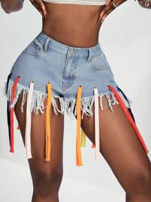 Slaydiva 女式夏季时尚流苏下摆牛仔短裤 - 藍色 - 查看 6