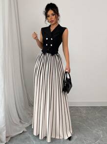 Elenzga Women Solid Color Halter Neck Sleeveless Top With Woven And Chiffon Draped Pleated Skirt