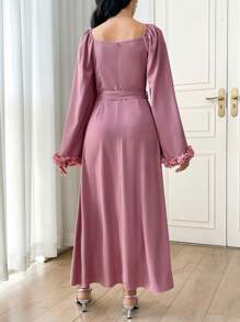 Modelyn 女士优雅花朵系带腰部浪漫长裙 - 粉色 - 查看 2