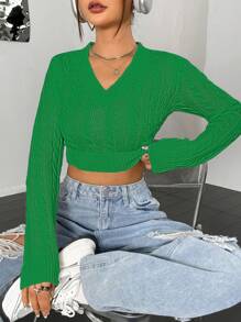 SHEIN Unity Women's Casual Solid Color Slim Fit Cropped Sweater, Spring/Autumn Knit Pullover Fall Winter - Green - View 5