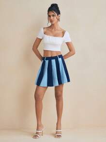 Qu Anne Designer Contrast Blue Corduroy Pleated Mini Skirt - Blue - View 3