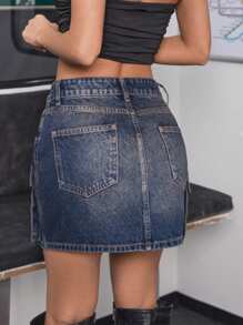 EURMUSE WOMEN POCKET DETAIL SHORT DENIM SKIRT - Medium Wash - View 2