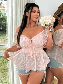 Flirla Plus Size Women Holiday & Elegant Pink Chiffon Cut-Out Ruffle Short Sleeve Blouse - Pink - View 4