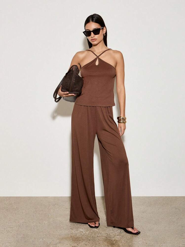 Halter Neck Backless Cami Top And Wide Leg Trouser Set