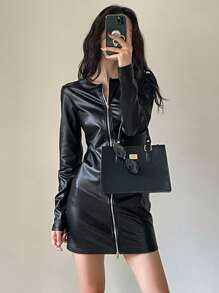 DAZY 女士时尚秋季短款 PU 紧身连衣裙、迷你连衣裙 - 黑色 - 查看 8