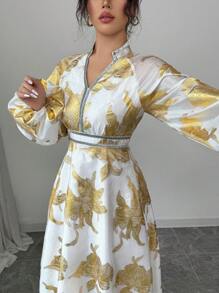 Elenzga 2025 Spring/Summer New Arrival Metallic Chiffon V-Neck Lantern Sleeve Elegant Party Dress, Suitable For Wedding, Date, Party, Banquet, Vacation - White - View 3
