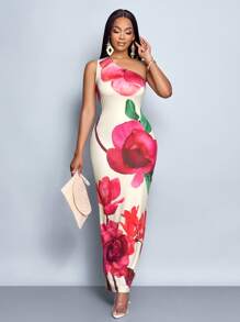 SOLERSUN 女士时尚优雅单肩花卉印花紧身连衣裙（随机花卉） - 粉色 - 查看 5