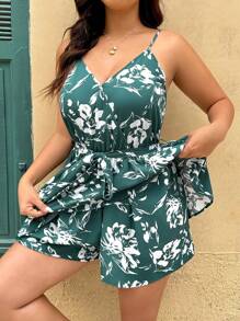 SHEIN VCAY Plus Size Floral Print Camisole Waist Tie Romper,Skorts For Women Rompers Floral Tropical Vacation Woman Clothes - Multicolor - View 1