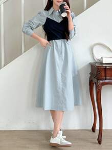 DAZY 女式撞色二合一纽扣前长袖迷你连衣裙衬衫裙，秋季服装