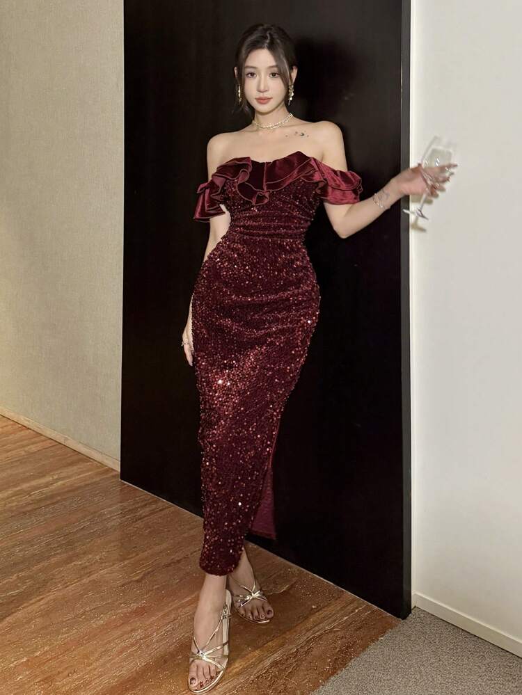 Women's Ruched Off Shoulder Sequin Pleated Fitted Elegant Midi Dress, Autumn/Winter, New Year Party Women Sundress Homecoming Dresses Luxury Red Women Dresses Prom Dress Christmas Carnival Sparkly Dress