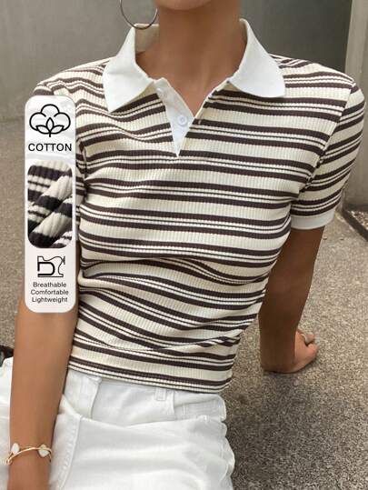 Livesso Women's Striped Short Sleeve Slim Fit Polo Collar T-Shirt Summer,Business Casual Women