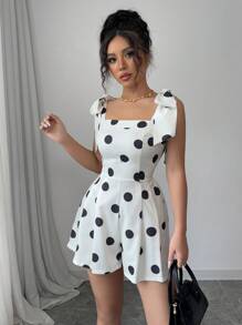 Elenzga 女士优雅圆点系腰 A 字连身裤 - 杏色 - 查看 5