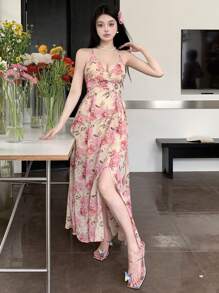 Joudiya 女士印花V领露背吊带连衣裙 夏季邮轮女装 吊带裙 度假装 复活节波西米亚风 - 粉色 - 查看 8