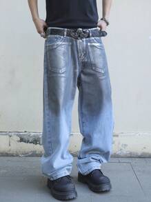 Manfinity EMRG Men's Fashionable Metallic Washed Straight-Leg Baggy Jeans - Light Wash - View 6