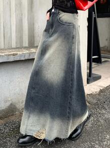 DAZY 女士口袋做旧磨损下摆长款休闲牛仔裙夏季牛仔裙 - 藍色 - 查看 5