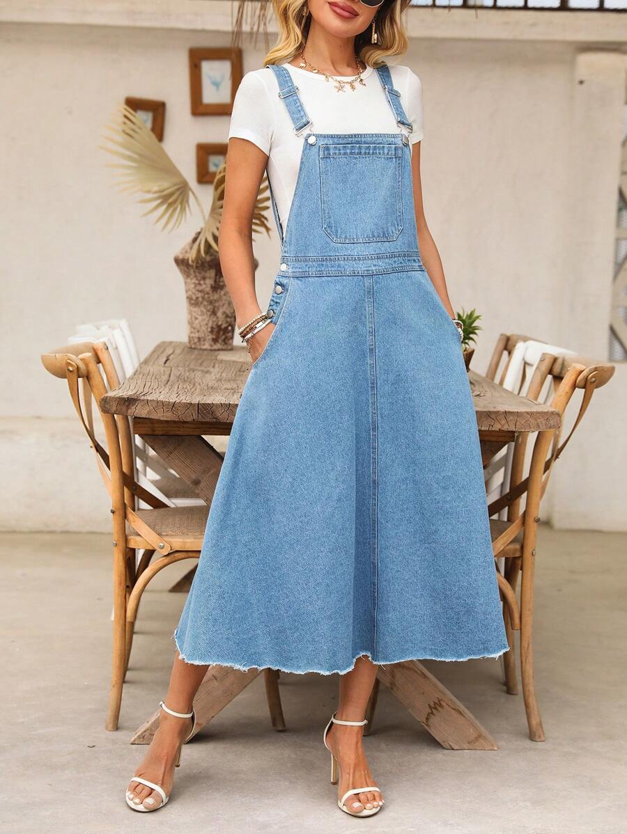 Breezaya Women's Pocketed Frayed Hem Casual Versatile Loose Denim Jumper Dress - Medium Wash - View 1