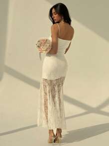 Aloruh Vestido de novia de encaje blanco con volantes ajustados hasta el piso, sin mangas, para primavera/verano - Blanco - Ver 4