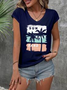 INAWLY Plus Size Casual Palm Tree Print T-Shirt - Navy Blue - View 3