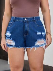 SHEIN SXY Plus Size Women Distressed Pockets Denim Shorts - Blue - View 1