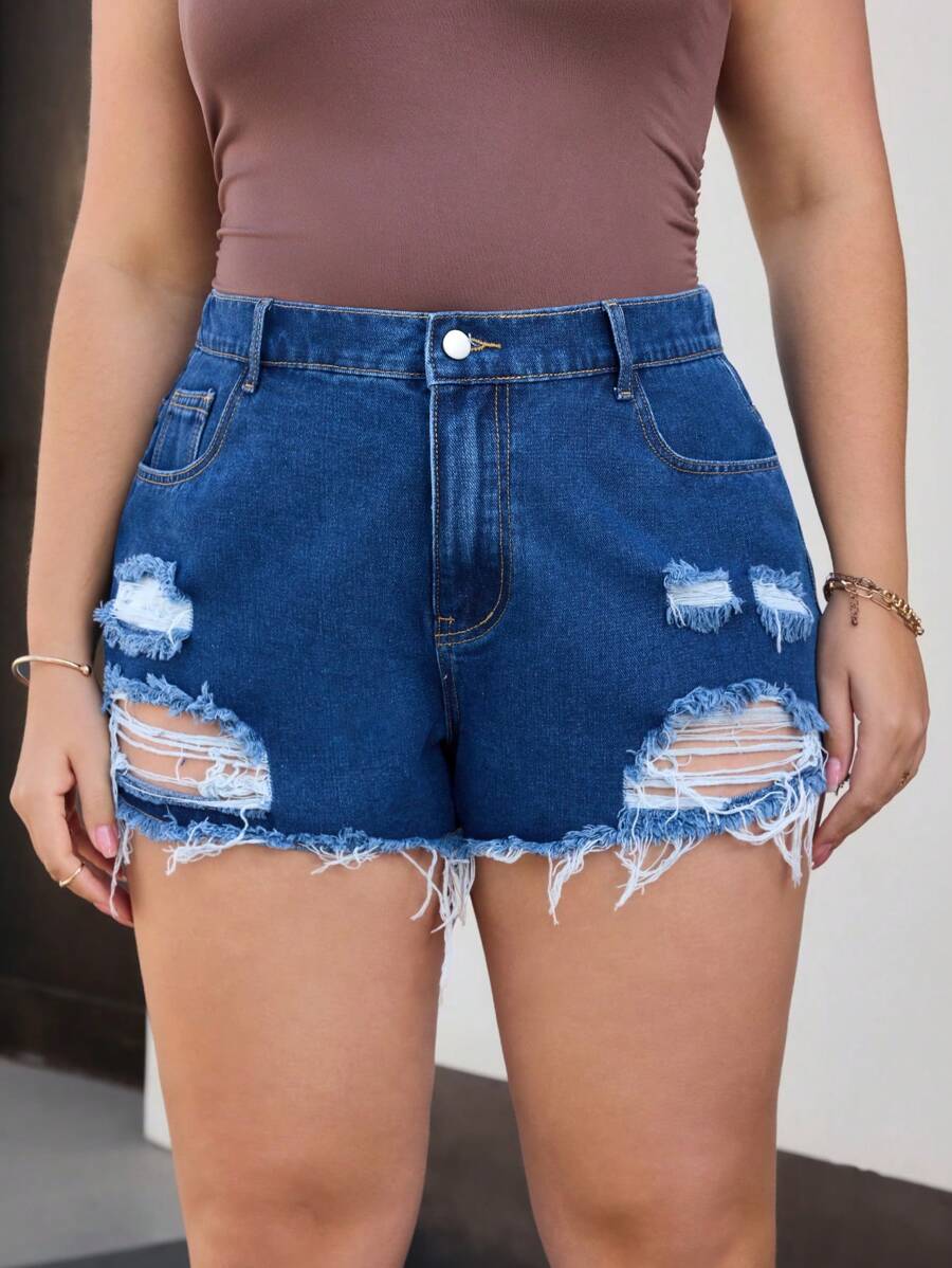SHEIN SXY Plus Size Women Distressed Pockets Denim Shorts - Blue - View 1