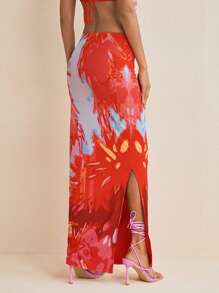 Eva Novielli Designer Spring And Summer Printed Mesh Pencil Side Split Vacation Long Skirt, Spring Break, Ibiza Fits - Multicolor - View 2