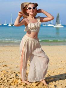 SHEIN Tween 女童荷叶边不对称领度假泳装，可爱儿童游泳套装 - 米色 - 查看 6